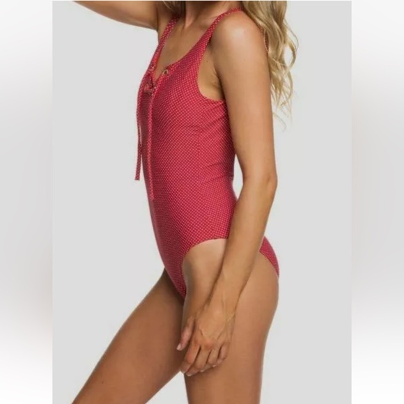 Roxy Women's Red Polka Dot Scoop-Neck Lace-Up One Piece Swimsuit - Picture 2 of 12